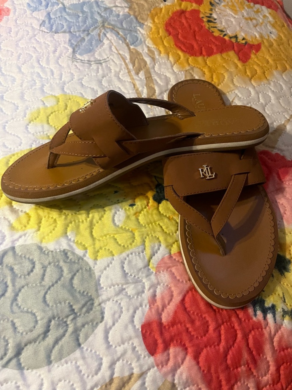 Lauren Ralph Lauren Brown Leather Logo Thong Sandals - Picture 3 of 5